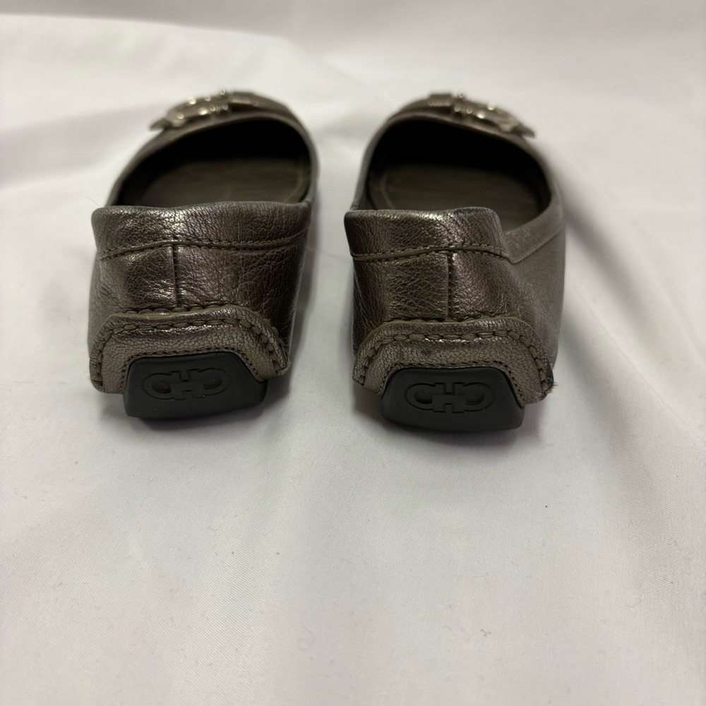 Salvatore Ferragamo Ballet Flats Metallic Bronze Leather US 6.5 Silver Buckle - Picture 7 of 14
